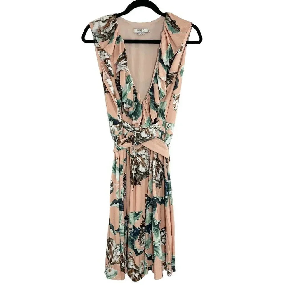 PatBO Peach Floral Tie Waist Pleated Sleeveless Dress Women's US Size 12